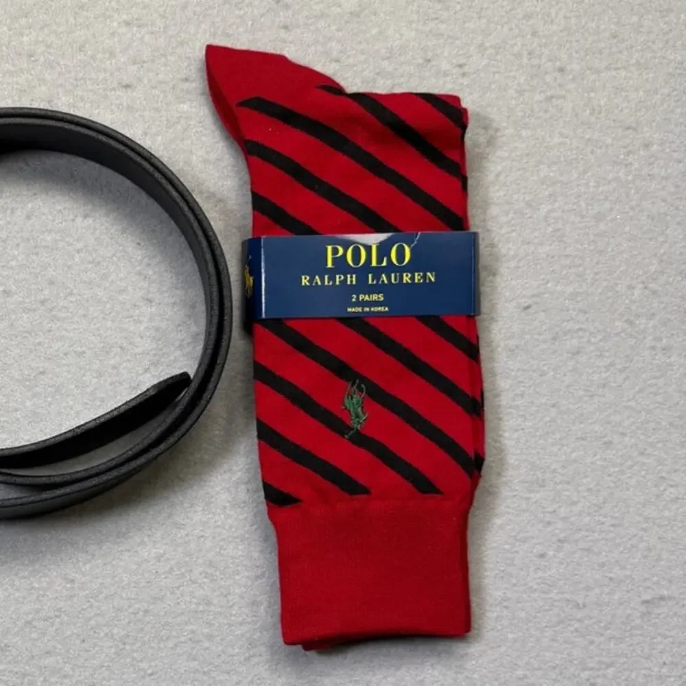 Polo Ralph Lauren Men's Shield-Buckle Leather Belt W/ free socks, Black 42W $99